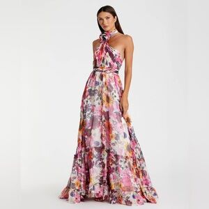Asymmetrical Ruffled Halter Floral Gown